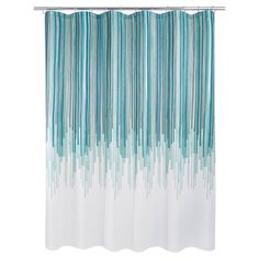 a shower curtain with blue and white stripes on the outside, in front of a white background