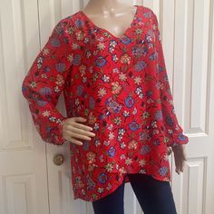 Nwt Chelsea & Theodore Womens L Red Floral Print Blouse. Long Sleeve. Scoop Bottom. Cute Wrap Front Bottom. Button On Sleeves. V Neck. 22.5 Inches From Underarm To Underarm And 27 Inches Long In Front And 32 In Back. So Cute And Flattering. Use Code Lil_shan1 For $10 Off If A New Posher! Bundle And Save. Red Flowy V-neck Blouse, White Boho Blouse, Red Floral Blouse, Womens Printed Tops, Women Floral Blouse, Brown Blouse, Red Floral Print, Blouse Tank Top, Blouse Long Sleeve