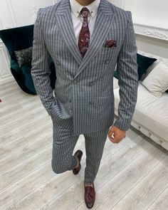 Navy Blue Slim Fit Peak Lapel Double Breasted Striped Suit by GentWith Navy Blue Suit Men Wedding, Grey And Navy Blue Suit, Double Breasted Pinstripe Suit, Men Suits Wedding, Suit Man, Black Suit Wedding, Striped Suit, Slim Fit Suit Men, Suits Prom