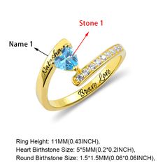 Personalized Heart Birthstone Ring With Engraving In Gold Engraved Cubic Zirconia Rings As Gifts, Silver Wedding Birthstone Ring Stamped 14k, Heart Cut Wedding Ring Stamped 14k, Engraved Topaz Ring As A Gift, Engraved Topaz Ring Gift, Wedding Engraved Diamond Ring With Gemstone, Engraved Round Topaz Ring For Gift, Diamond Topaz Ring With Birthstone For Anniversary, Gold Rings With Accent Stones For Anniversary