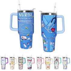 the nurse travel mug is shown with its lid open and features various medical symbols on it