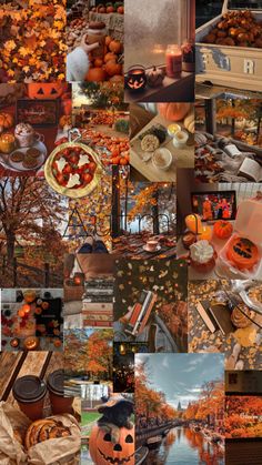 a collage of photos with pumpkins, candles and other things in them on display