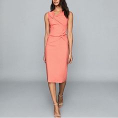 Reiss Alex Sleeveless Twist Front Bodycon Dress Color: Coral Size: 8 Measurements(Laying Flat): Armpit To Armpit: 16” Waist: 14.5” Length: 45” Material: 96% Viscose 4% Elastane Trim: 100% Polyester Care Info: Dry Clean New With Tag! Display Dress In Good Condition! Has Signs/Marks Of Being Tried On/Handled In Store - See Photos! Should Come Out With Dry Cleaning! Comes From A Smoke/Pet Free Home! Feminine Fitted Sleeveless Pink Dress, Pink Sleeveless Midi Dress For Cocktail, Pink Sleeveless Cocktail Midi Dress, Feminine Sleeveless Bodycon Cocktail Dress, Pink Sheath Bodycon Cocktail Dress, Pink Sleeveless Bodycon Dress For Cocktail, Chic Pink Sleeveless Maxi Dress, Elegant Pink Sleeveless Workwear Dress, Elegant Pink Fitted Sleeveless Dress