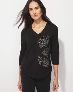 Don't wait until the weekend to wear this Weekends Embroidered Leaf Tee. The beautiful embroidered foliage elevates your look with dress pants for the office or with jeans, shorts or activewear pants after hours. Made from a soft cotton-blend knit, it's always a comfortable choice.  Comfy, casual, soft and stretchy. The way all weekends should feel.  V-neck.  3/4 sleeve.  Length: 27".  Cotton, rayon, spandex.  Machine wash. Imported. Embroidered Foliage, Tshirt Details, Embroidered Leaf, Fashion Illustration Collage, Kurta For Women, Embroidered Leaves, Knit Wear, Tshirt Women, Running Stitch