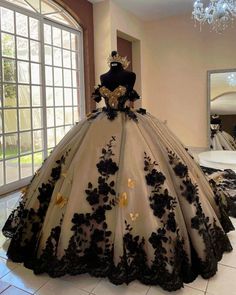 Black and Champagne Quinceanera Dresses 3D Flowers Sweet 15 16 Prom Ball Gowns Black Quince Dress, Gold Quince Dress, Champagne Quinceanera, Champagne Quinceanera Dresses, Vestido Charro, Black Quinceanera Dresses, Quinceanera Dresses Gold, Quinceanera Themes Dresses, Mexican Quinceanera Dresses