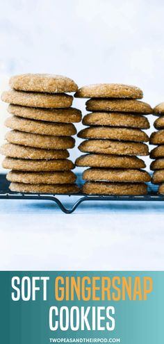 soft ginger snapsnap cookies stacked on top of each other with text overlay