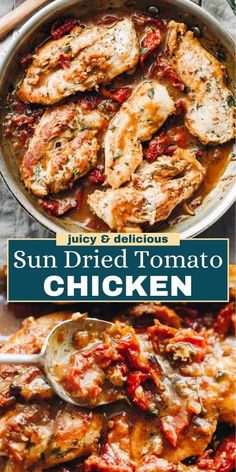 sun dried tomato chicken in a skillet with text overlay