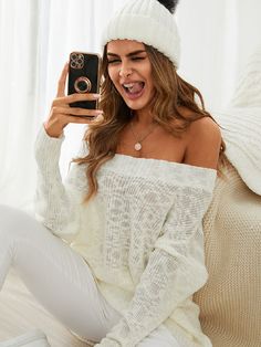 Solid Drop Shoulder Off-shoulder Loose Knit Sweater White Off-shoulder Fall Sweater, Casual Off-shoulder Sweater, Winter Off-shoulder Sweater, Off-shoulder Soft Knit Sweater, Soft Knit Off-shoulder Sweater, Spring Off-shoulder Knitted Sweater, Spring Knitted Off-shoulder Sweater, Knitted Off-shoulder Sweater For Spring, Off-shoulder Knit Sweater