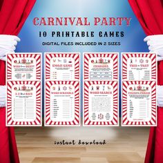 carnival party printable games with red curtains and white gloves on the floor, in front of