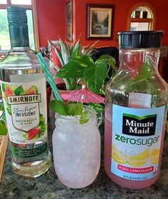 two bottles of gin on top of a counter next to a plant in a vase