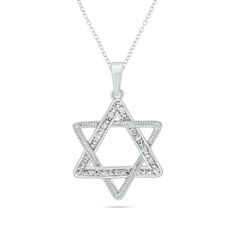 Whether for faith, heritage or both, this vintage-inspired Star of David pendant is a meaningful style. Created in sterling silver, this open-worked choice features diamond-accented and intricate milgrain-detailed triangles layered in a Star of David design. Polished to a bright shine, this pendant suspends along an 18.0-inch cable chain that secures with a spring-ring clasp. Classic Star Of David Jewelry For Anniversary, Classic Silver Star-shaped Jewelry, White Star Of David Jewelry For Anniversary, Silver Star Of David Necklace For Formal Occasions, Formal Silver Star Of David Necklace, Classic White Gold Star Of David Jewelry, White Gold Star Of David Jewelry, Formal Star Of David Jewelry With Diamond Accents, Farm Store