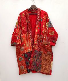 Kantha Kimono Robe, Jacket Coat, 100% Cotton Patchwork Embroidery Jacket Coat, Hand-Stitched, Bohemian Patchwork Kimono, Dressing Gown Message us for Custom / Wholesale / Bulk Order inquiries. This Kimono is made of hand Kantha stitch fabric in patchwork The Fabric is a handmade printed Fabric, opened Embroidery Jacket kantha work. 100% cotton fabric, hand crafted by the vintage kantha Made with the cotton fabric with reversible pattern perfectly quilted for winters. Patchwork Embroidery Cotton Traditional Outerwear With Patchwork And Kimono Sleeves, Traditional Red Kimono With Patchwork, Embroidered Winter Outerwear With Kimono Sleeves, Long Sleeve Patchwork Kimono For Festivals, Long Red Patchwork Outerwear, Red Long Patchwork Outerwear, Red Cotton Long Sleeve Robe, Red Long Sleeve Cotton Robe, Long Sleeve Red Cotton Robe