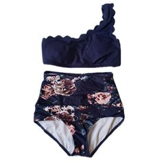 I Was So Excited For This But It Didn't Arrive In Time For Waikiki 2 Piece, Totally New, Unworn, Scalloped One Shoulder Navy Top & Ruched High Waisted Floral Bottoms. Size Small Looks Like It Could Fit A Size Medium Navy Tankini For Summer, Navy Stretch Swimwear For Summer, Navy Swimwear For Summer Beach Party, Navy One-piece Swimwear For Beach Season, Navy One-piece Swimwear For Pool, Navy Swimwear For Summer Vacation, Navy Summer Swimwear For Beach Party, Navy Swimwear For Beach Party In Summer, Fitted Navy Tankini For Summer