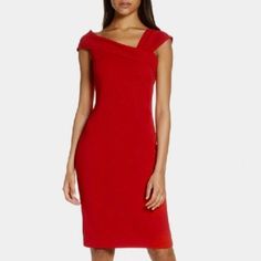 Vince Camuto Cherry Red Asymmetrical Neck Sheath Cocktail Dress | Bodycon - Tailored To Sculpt And Flatter Your Figure | Hidden Back-Zip Closure | Asymmetrical Neck | Cap Sleeves | Lined | Stretch Crepe / Scuba Knit - 94% Polyester, 6% Spandex | Size 6 | Length Across Chest Is 16.5” | Length Across Waist Is 14.5” | Length Across Hips Is 17” | Length From Shoulder To Bottom Hem Is 39.5” | Inseam Is 31.25” | Only Worn Once! Scuba Knit, Vince Camuto Dress, Dress Bodycon, Stretch Crepe, Asymmetrical Dress, Cherry Red, Vince Camuto, Cap Sleeves, Neck Dress