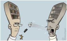 two cartoon heads with bookshelves in the background and one has his mouth open