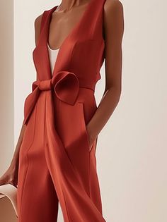 Formal Sleeveless Jumpsuits And Rompers For Summer, Sleeveless Jumpsuits And Rompers For Formal Summer Events, Red Summer Formal Jumpsuits, Bow Jumpsuit, Plain Jumpsuits, Neck Bow, Dresses Pants, Daily Wear, Jumpsuit