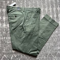 New With Tag! Classic Green Cotton Pants, Fitted Cotton Work Pants With Flat Front, Fitted Green Cotton Chinos, Classic Relaxed Fit Green Chinos, Classic Green Relaxed Fit Chinos, Green Fitted Classic Chinos, Classic Fitted Green Chinos, Classic Green Fitted Chinos, Classic Green Cotton Work Pants