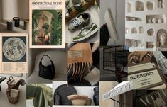 a collage of photographs with shoes and other items on display, including an advertisement for burberry