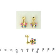 18kt  Yellow Gold Pink & Blue Puff Butterfly Dangle Earrings (14mm X 9mm)Amalia J. & Boutique Earrings