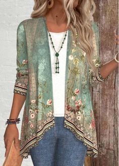 Color:Sage Green;Size:S;Size:M;Size:L;Size:XL;Size:XXL;Package Contents:1 X Light cardigan;Occasion:Other;Style:Casual; Long Cardigan Coat, Floral Print Jacket, Types Of Coats, Cardigan Vintage, Cardigan Casual, Casual Cardigans, Cardigan Long, Styl Retro, Printed Cardigan