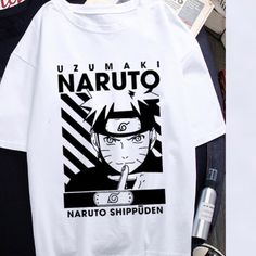 Naruto Anime T Shirt Cotton Casual Anime Print Crew Neck Top, White Anime Print Crew Neck Top, White Casual Anime Print Top, Casual White Anime Print Top, Anime Print Tops For Spring Streetwear, Anime Print White Tops For Streetwear, Casual Anime Print Short Sleeve Tops, Summer Cotton Tops With Anime Print, Casual Short Sleeve Top With Anime Print