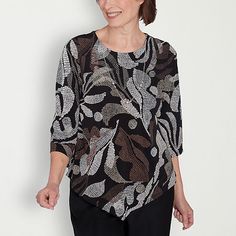 Make heads turn in this comfortable and relaxed textured patchwork top, featuring ruched three quarter sleeves, keyhole beaded neckline and a straight hemline.Included: 1 Necklace(s)Features: Removable NecklaceClosure Type: Pullover HeadFit: Regular FitNeckline: Crew NeckSleeve Length: 3/4 SleeveApparel Length: 22.5 InchesFiber Content: 95% Polyester, 5% SpandexFabric Description: ItyCare: Machine WashCountry of Origin: Imported Versatile Tops For Layering With 3/4 Sleeves, Patchwork Top, Beaded Neckline, Large Shirts, Alfred Dunner, Three Quarter Sleeves, Three Quarter, Shirt Shop, Shirts Tops