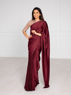 Burgundy Saree, Long Sleeve Lace Crop Top, Black Sequin Blouse, Gold Sequin Blouse, Draping Styles, Simple Saree Designs, Saree Draping Styles, Saree Draping, Simple Sarees