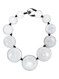 white transparent design circle motif hook and loop fastening Modern White Round Bead Jewelry, Modern White Jewelry With Round Beads, Modern Clear Round Jewelry, Modern White Adjustable Necklace, Adjustable Clear Necklace, White Glass Round Pendant Necklace, Formal White Glass Jewelry, Monies Jewelry, Beige Jewelry