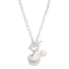 Add a touch of elegance to any outfit with our stunning Pearl and Shell Pendant Necklace. This necklace features a delicate 18 inch chain that beautifully complements the iridescent pearl and shell pendant. Perfect for both casual and formal occasions, this necklace will add a luxurious touch to your style. Elegant Shell Necklace With Lobster Clasp, Silver Shell Necklaces With Pearl Charm, Elegant Shell-shaped Necklace With Lobster Clasp, Silver Shell-shaped Pearl Necklace, Silver Elegant Shell-shaped Necklace, Silver Pearl Necklace In Shell Shape, Elegant Silver Shell Necklace, Elegant Pearl Shell Necklace With Lobster Clasp, Elegant Pendant Shell Necklace With Lobster Clasp