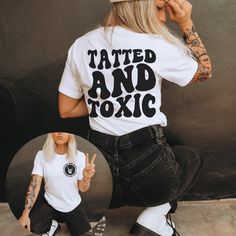 Get ready to rock your edgy style with our Tatted And Toxic t-shirt! Made from 100% cotton, this unisex shirt is perfect for any occasion. Its comfortable fit and unique design will make you stand out in a crowd. Show off your rebellious side with our Tatted And Toxic shirt. See the size chart below for measurements to ensure that you get the perfect fit Current processing time is 5-10 business days Cricut Graphic Tee Ideas, Tattoo T Shirt Design Ideas, Vinyl T Shirt Designs, Edgy Tshirt Designs, Cricut Projects Clothes, Cute Shirts To Make With Cricut, Diy Cricut Shirts, Diy Shirts Ideas, Cricket Tshirt Designs