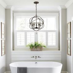 a white bath tub sitting under a window next to a potted plant in a bathroom