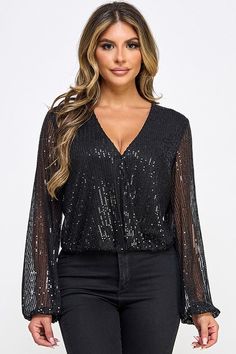 Long Sleeve Sequin Top With Surplice Brand: Milk & Honey Style: 37246T Fabric: 95% Polyester, 5% Spandex Details: Long Sleeve Sequin Top With Surplice Fabric Contents 95% Polyester, 5% Spandex. Lining: 100% Polyester Long Sleeve Sequin Top, Fishnet Crop Tops, Honey Color, Sequin Blouse, Confident Style, Sequin Shirt, Bodycon Dress With Sleeves, Milk Honey, Sheer Shirt