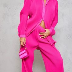 Hot Pink Plisse High Waisted Wide Leg Pants And Button Up Oversize Shirt High Waisted Wide Leg Pants, Oversize Shirt, Oversized Shirt, Leg Pants, Wide Leg Pants, Pants Set, Pant Jumpsuit, Hot Pink, Button Up