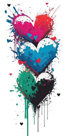 three hearts painted in different colors and splattered with watercolors on a white background