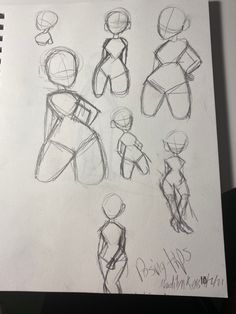 sketches of people standing and sitting in different positions on a piece of paper with writing underneath them