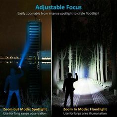 two different images show the same light in front of a tall building, and an image of a man holding up a flashlight