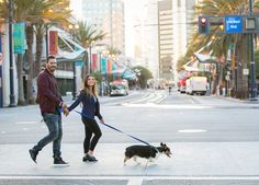 a man and woman walking their dog down the street