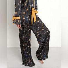 Nwot Beach Riot Gold Celestial Size S Never Worn Cozy Up Under The Stars Pajama Pants Featuring An Otherworldly Celestial Print Chic Gold Ties On The Sleeve And Waistband. Fabric: Polyester Care: Hand Wash. Black Summer Bottoms For Night, Black Bottoms For Summer Nights, Black Pants For Summer Pajama Party, Black Wide Leg Loungewear Set, Black Long Pants For Pajama Party, Wide Leg Black Pants For Pajama Party, Celestial Pajamas, Moon Pajamas, Celestial Print