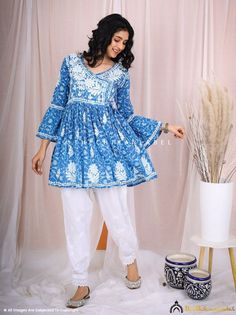 ▪ Kurti Fabric: Mulmul Cotton ▪ Sleeves: 3/4 Sleeves ▪ Style: Peplum Angrakha ▪ Kurti Length: 30-32 inches ▪ Occasions: Casual Wear, Office Wear, Festive Wear ▪ Garment Care: Hand Wash Only ▪ Item Content: 1x Kurti Anarkali Long Sleeve Tunic For Festivals, Fitted Cotton Kurta With 3/4 Sleeves, Traditional Long Sleeve Tunic For Diwali, Indigo Kurta With Chikankari Embroidery And Long Sleeves, Indigo Sets With Chikankari Embroidery And Long Sleeves, Blue Long Sleeve Kurta In Mulmul, Traditional Blue Tunic For Spring, Blue Long Sleeve Mulmul Kurta, Blue Chikankari Embroidery V-neck Kurta