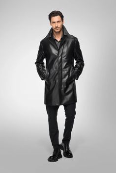 Men's Casual Leather Coat In Black Sleek Long Leather Coat, Winter Business Leather Sport Coat, Winter Leather Sport Coat For Business, Modern Leather Jacket For Business Casual, Winter Business Casual Leather Sport Coat, Winter Leather Sport Coat For Business Casual, Masculine Leather Jacket For Formal Winter Occasions, Masculine Winter Leather Jacket For Formal Occasions, Luxury Leather Jacket For Business Casual Winter