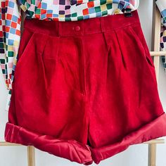 Amazing Vintage Red Leather Shorts By Pia Rucci, Nwt! These Are In Excellent Mint Condition With Tags Attached. - Lightweight Vibrant Red Leather Suede - Front Zip And Button Closure - Pleats/Darts At Front Waist - Pockets At Each Hip And Belt Loops - Single Back Pocket With A Nice Leather “V” Detail - Size 12 But Measures Like Modern 6/8 - W:14.5” Flat. H:19” Ttl Length Waist To Hem:21” - 15” From Crotch To Waistband - 6” Inseam - Excellent Condition. Please Note Temporary Markings At Waist Fro Chic Red High-waisted Shorts, Chic Red Spring Shorts, Chic Red Shorts For Spring, Red Shorts For Spring Workwear, High Waist Red Shorts For Fall, Red Spring Shorts, Fitted Red Shorts For Fall, Red Spring Short Pants, Chic High Waist Red Shorts