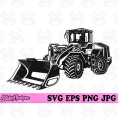 a black and white image of a tractor with the words svg epss png jp