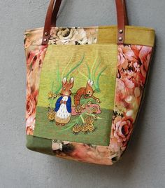 Embroidered Bunny Tote Leather Bunny Tote Colorful Bohemian Floral Bag with Rabbits Upcycled Bags, Two Bunnies, Embroidered Bunny, Fine Embroidery, Colorful Bohemian, Upcycled Bag, Taffeta Fabric, Bohemian Colors, Floral Bags