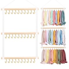 two racks with umbrellas hanging from them and one rack holding several different colors of scarves