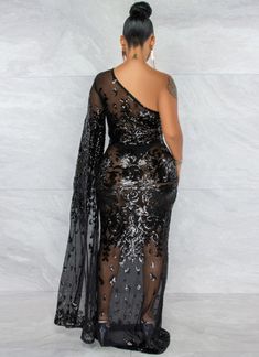 Material:95%Polyester+5%Spandex -This style is strapless and shorter in the front than in the back. It’s sexy, sophisticated, and sheer enough to be worn with confidence yet modest enough to provide coverage when needed. Dress this up or down for any season of the year! -To a sweet 16 or formal holiday party, this lovely sheer mesh evening dress is so festive and eye-catching. The sparkly sequins details will add a twinkle to your special look and make it truly unforgettable night. -Easy, breezy Stretch Backless One Shoulder Party Dress, Stretch One Shoulder Backless Party Dress, Stretch One Shoulder Backless Dress For Party, Black One Shoulder Backless Evening Dress, Black One-shoulder Backless Evening Dress, Off-shoulder Evening Dress With Sheer Sleeves, One Shoulder Bodycon Evening Dress For Night Out, Black Backless One-shoulder Evening Dress, Glamorous Black One-shoulder Sleeveless Dress