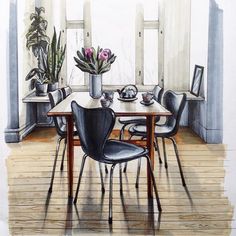 a drawing of a dining room table with chairs and potted plants on the table