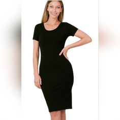 Black Short Sleeve Classic Midi Dress Classic Black Mini Dress For Night Out, Classic Black Short Sleeve Mini Dress, Classic Black Mini Dress With Short Sleeves, Black Mini Length Bodycon Dress With Flattering Silhouette, Black Bodycon Mini Dress With Flattering Silhouette, Black Mini Bodycon Dress With Flattering Silhouette, Classic Black Stretch Bodycon Dress, Black Knee-length Bodycon Dress, Classic Black Dress For Night Out