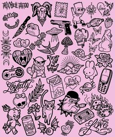 an assortment of tattoos and stickers on a pink background with the words tattoo written in black