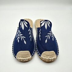 Slip On Sandals. Navy/White Embroidered Canvas With Raffia Foot-Bed. Jolimall. Size 8. Condition: Nwot. New And Never Worn. Embroidered Slip-on Espadrilles For Beach, Blue Comfortable Espadrilles For Summer, Blue Summer Espadrilles For Vacation, Blue Open Toe Espadrilles For Vacation, Navy Slip-on Sandals For Summer, Embroidered Closed Toe Espadrilles For Summer, Blue Closed Toe Espadrilles For Vacation, Navy Flat Sandals For Summer, Casual Blue Espadrilles For Summer