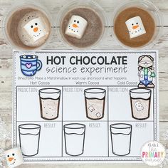 hot chocolate science experiment for kids with marshmallows and snowmen